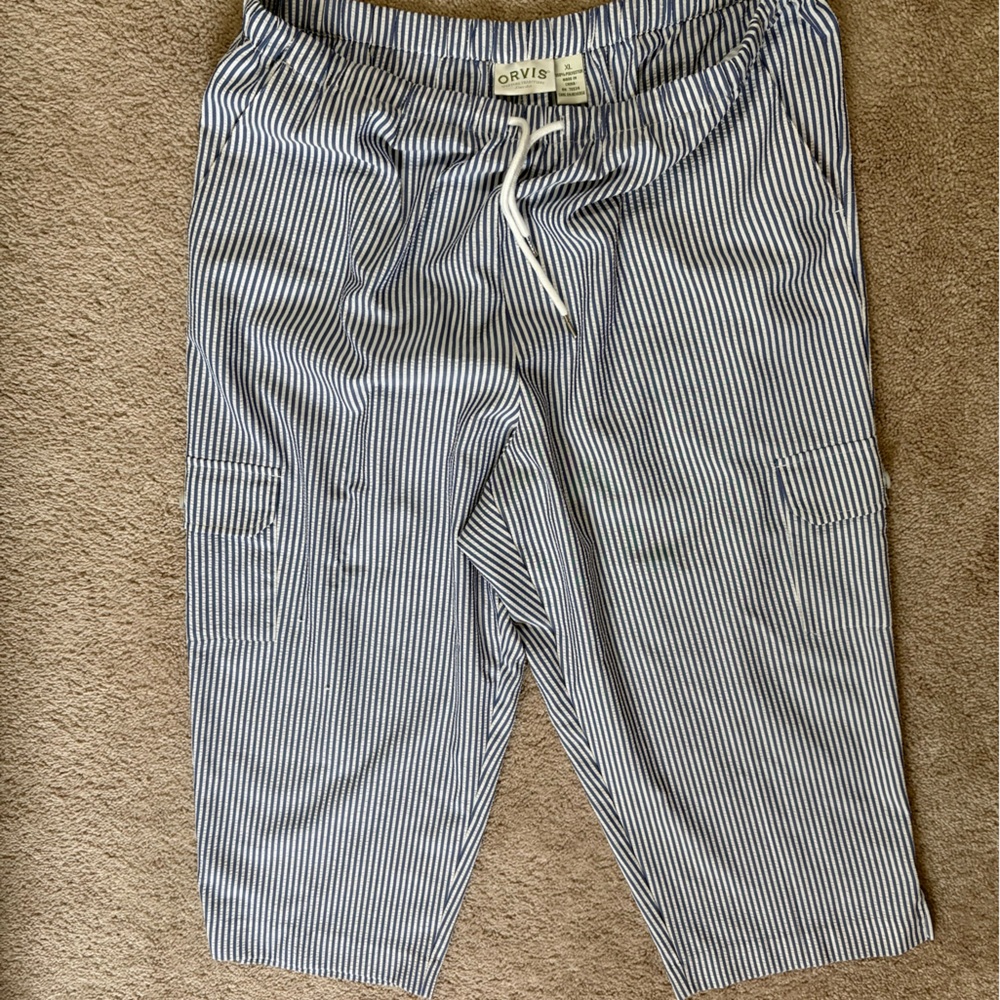 Orvis Women’s Blue and White Striped Nautical Wide-Leg Relaxed Fit Pants Size XL